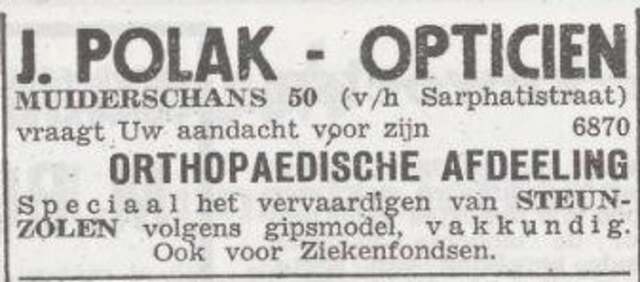 Advertentie van opticien Jacob Polak