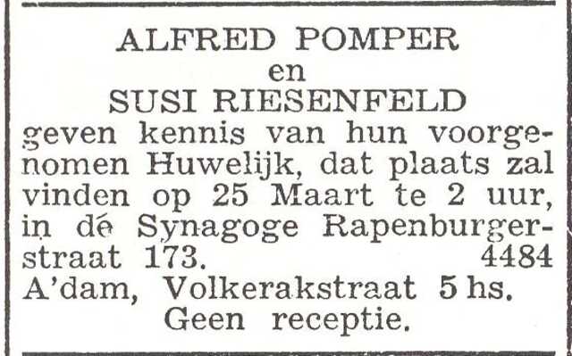 Huwelijksaankondiging van Susanne Dorothea Riesenfeld en Alfred Pomper
