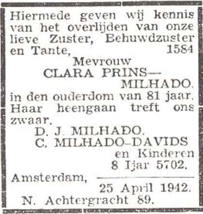 Overlijdensadvertentie mw. Klaartje Prins-Milhado