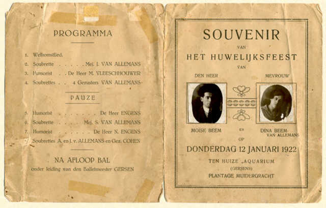 Programmaboekje trouwdag Moise Beem en Dina van Allemans, 12 januari 1922