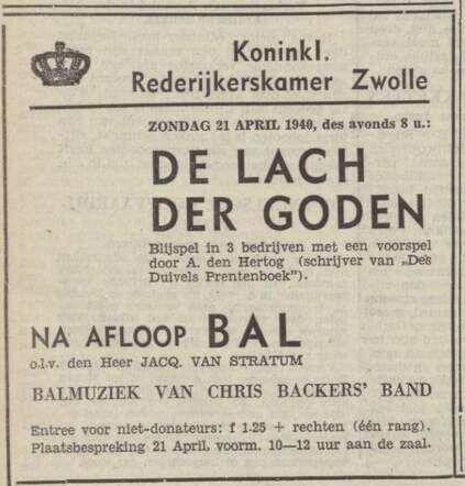 Provinciale Overijsselsche en Zwolsche courant, 17 april 1940, dag,  pag. 8. Adv. Isaac (Jacques) van Stratum.