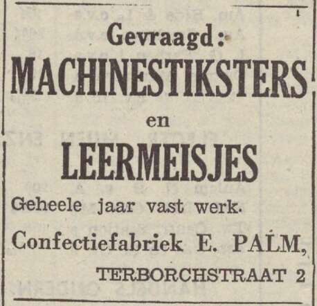 Provinciale Overijsselsche en Zwolsche courant, 25 januari 1940,  dag, pag. 8. Adv. confectiefabriek Eduard Palm.