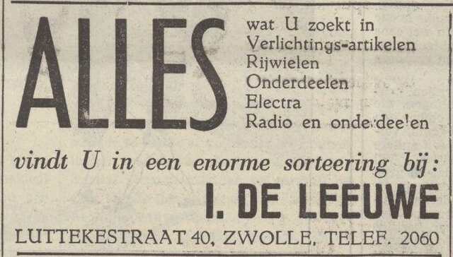 Provinciale Overijsselsche en Zwolsche Courant 11 maart 1940, dag, pag. 10. Adv. Isaak de Leeuwe.