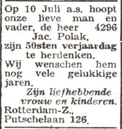 Aankondiging van de 50ste verjaardag van Jacob Polak