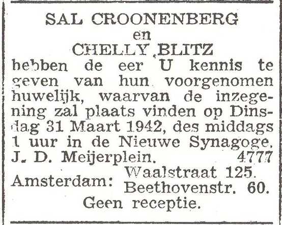 Aankondiging van de huwlijksinzegening van Salomon Croonenberg en Rachel Blitz