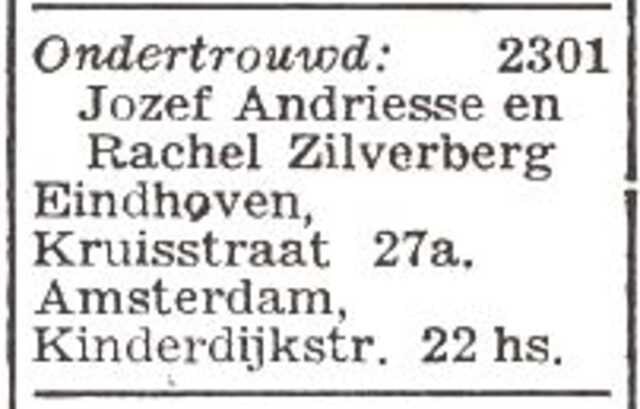 Vermelding van ondertrouw van Rachel Zilverberg en Josef Andriesse