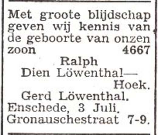 Bekendmaking van de geboorte van Ralph Löwenthal