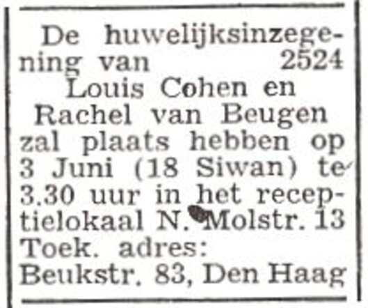 Aankondiging van de huwelijksinzegening van Rachel van Beugen en Louis Cohen