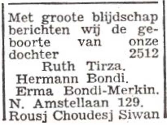 Vermelding van de geboorte van Ruth Tirza Bondi
