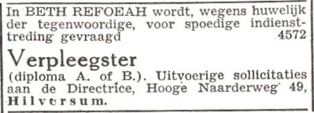 Personeelsadvertentie van Beth Refoeah