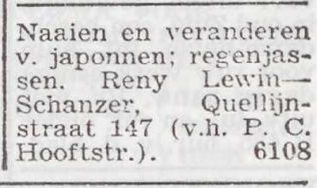Advertentie van Regina Lewin-Schanzer