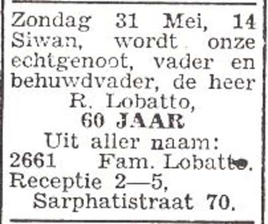 Aankondiging van de 60ste verjaardag van Rehuel Lobatto