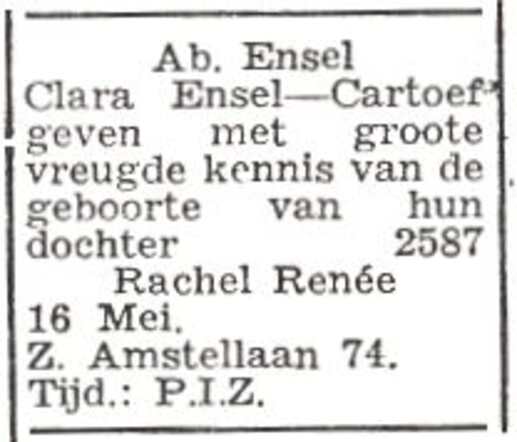 Vermelding van de geboorte van Rachel Renée Ensel