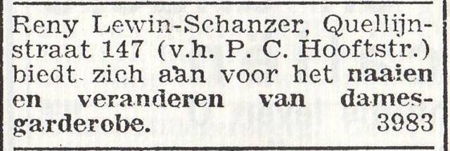 Advertentie van Reny Lewin-Schanzer