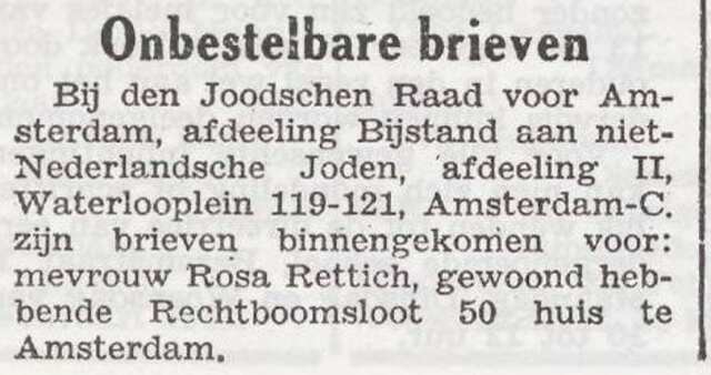 Brief voor Rosa Rettich-Idelsohn