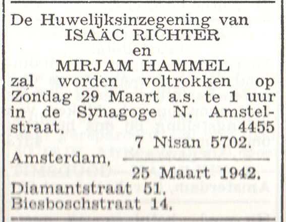 Huwelijksaankondiging van Isaäc Richter en Mirjam Hammel