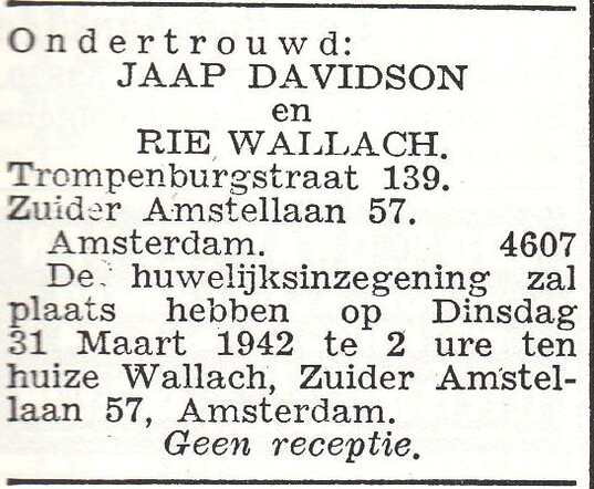 Vermelding van ondertrouw van Jaap Davidson en Marie Wallach