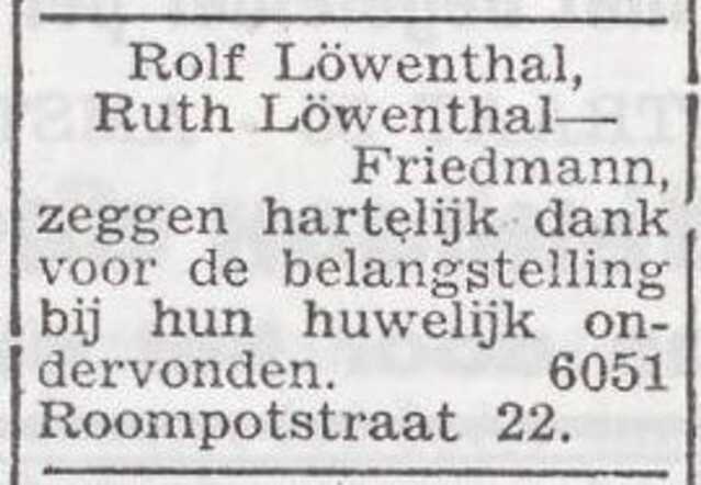 Dankbetuiging van Rolf Löwenthal en Ruth Löwenthal-Friedmann
