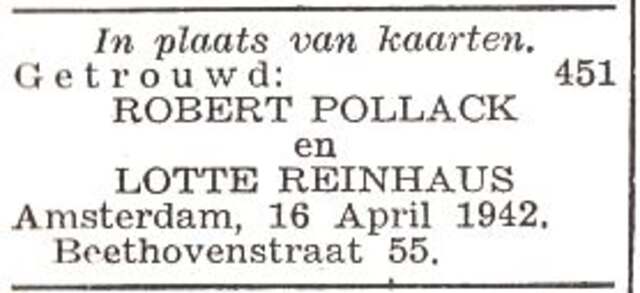 Vermelding van de huwelijkssluiting van Robert Pollack en Lotte Reinhaus