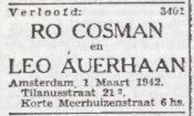 Vermelding van de verloving van Ro Cosman en Leo Auerhaan