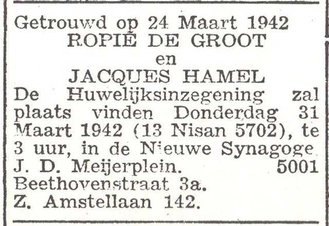 Aankondiging van de huwelijksinzegening van Jacques Hamel en Rozette de Groot