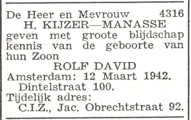 Vermelding van de geboorte van Rolf David Kijzer