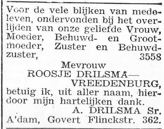 Dankbetuiging van A. Drilsma Sr.
