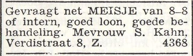 Advertentie van mw. Rosa Kahn-Kahn