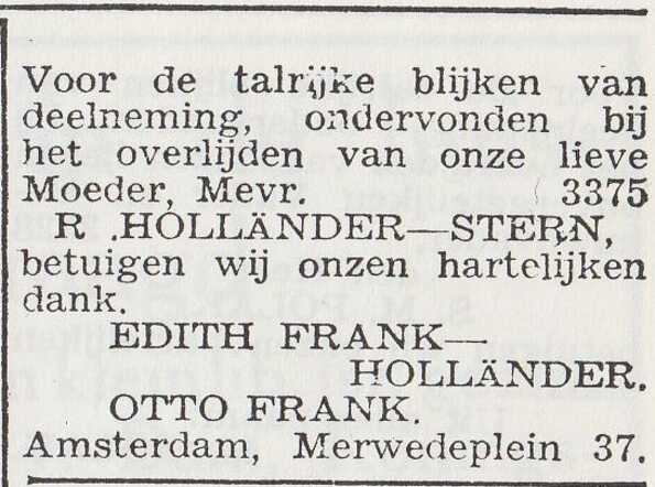 Dankbetuiging van het echtpaar Otto en Edith Frank-Holländer