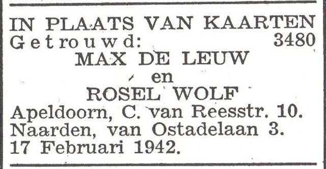 Vermelding van het huwelijk van Rosel Wolf en Max de Leeuw