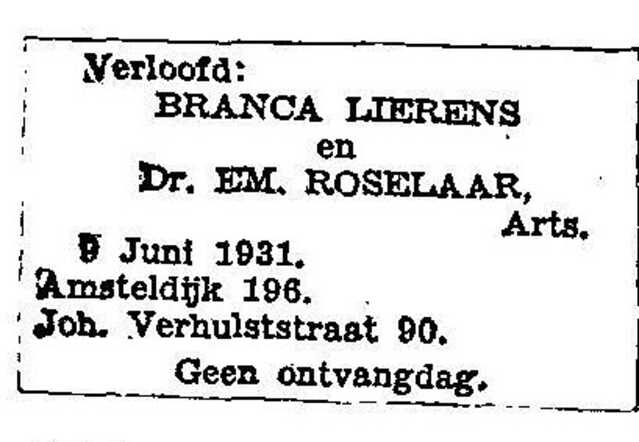 Advertentie betreffende de verloving tussen Branca Lierens en Emanuel Roselaar.