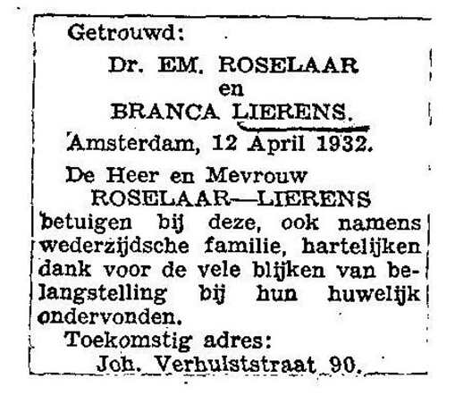 Dankbetuiging geplaatst door Branca en Emanuel Roselaar.