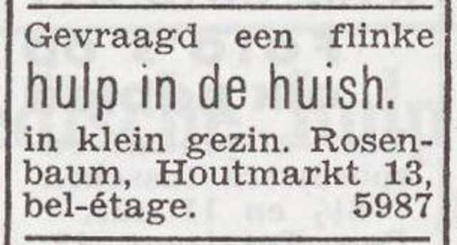 Advertentie van Johanna Frederika Suzanna Rosenbaum-Zion