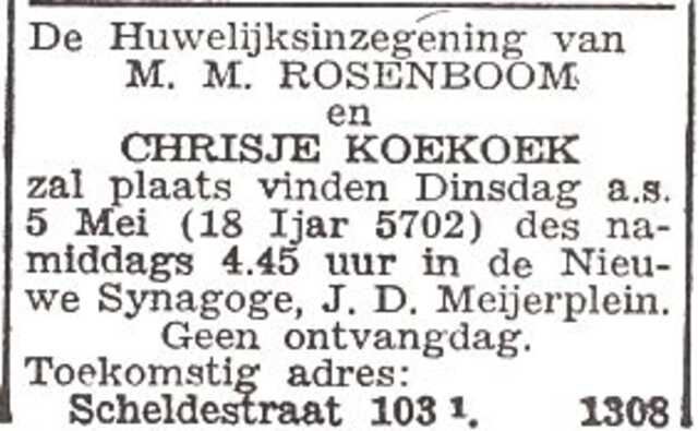 Aankondiging van de huwelijksinzegening van Mozes Maurits Rosenboom en Chrisje Koekoek