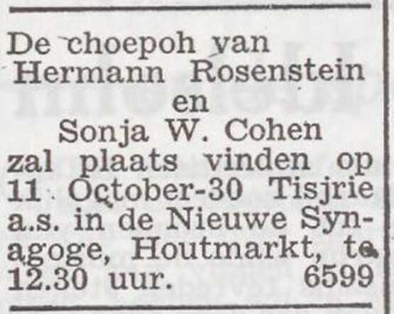 Aankondiging van de huwelijksinzegening van Hermann Rosenstein en Sonja Cohen