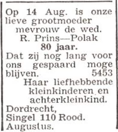 Vermelding van de 80ste verjaardag van Rosette Prins-Polak