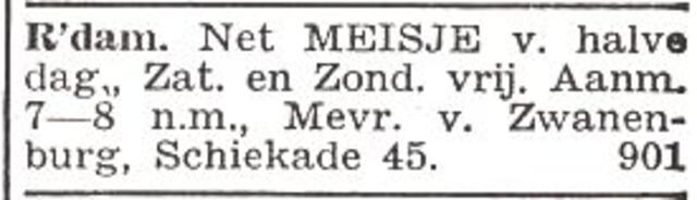 Advertentie van mw. Rosetta Rebecca van Zwanenburg-Beer