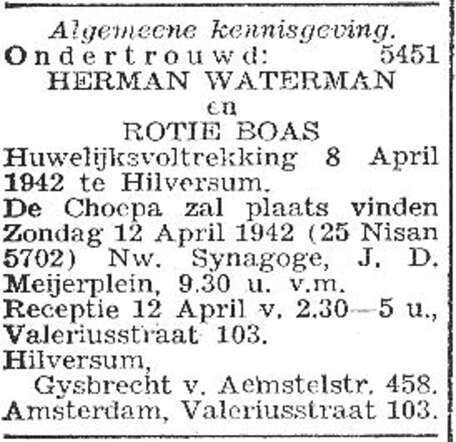 Aankondiging huwelijk van Rachel (Rotie) Boas en Herman Waterman