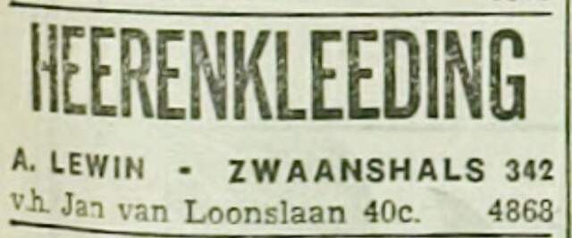 Rotterdamsch Nieuwsblad, 11 juli 1940, dag, pag. 10.  Advertentie Abraham Elje Lewin.