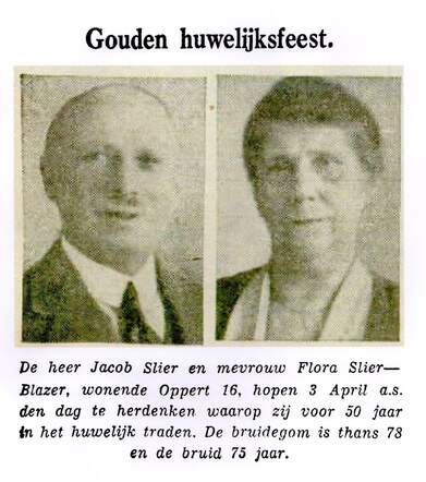 Rotterdamsch Nieuwsblad 24 maart 1939, pag. 21. Jacob Slier en Flora Blazer 50 jaar getrouwd.