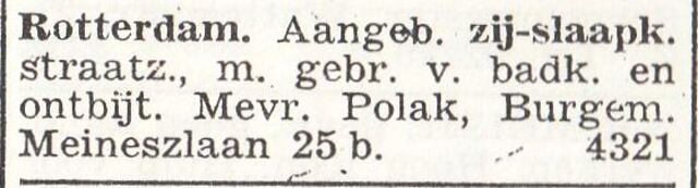 Advertentie van pensionhoudster Rozetta Polak-Polak