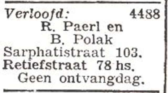 Vermelding van de verloving van Rozette Paërl en B. Polak
