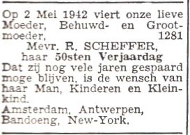 Aankondiging van de viering van de 50ste verjaardag van Rebecca Scheffer-Papegaai