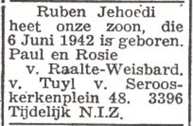 Vermelding van de geboorte van Ruben Jehoedi van Raalte