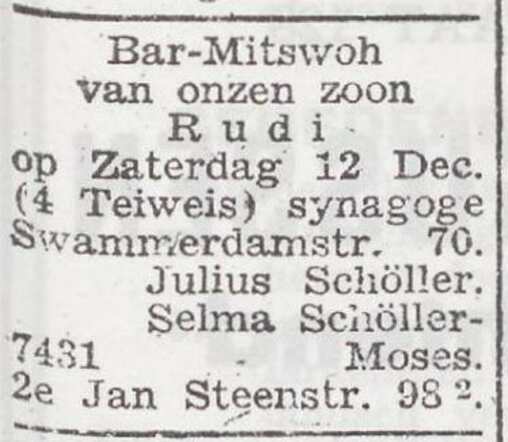 Aankondiging van de bar mitswa van Rudolf Moses Schöller