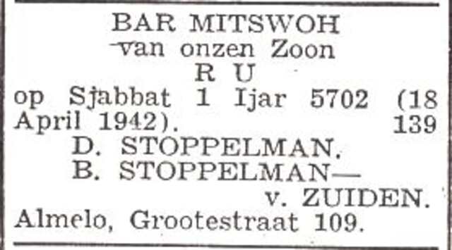 Aankondiging van de bar mitswa van Ru Stoppelman