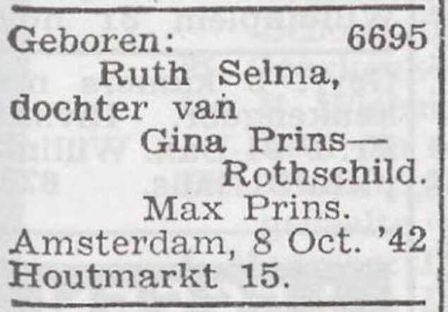Bekendmaking van de geboorte van Ruth Selma Prins