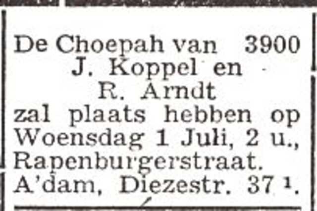Aankondiging van de huwelijksinzegening van Julius Koppel en Ruth Pauline Arndt