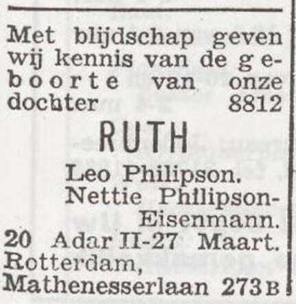 Bekendmaking van de geboorte van Ruth Philipson