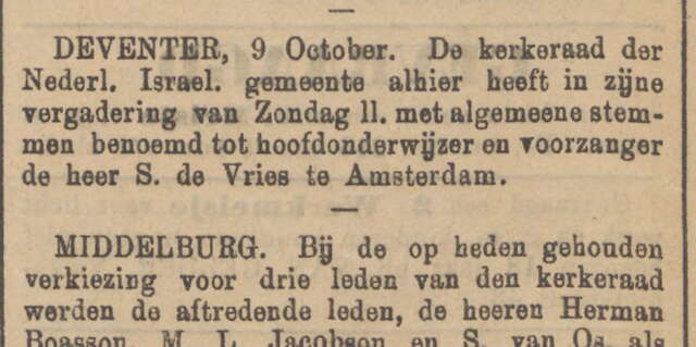 Simon de Vries benoemd als onderwijzer en voorzanger in NIW 13-10-1899